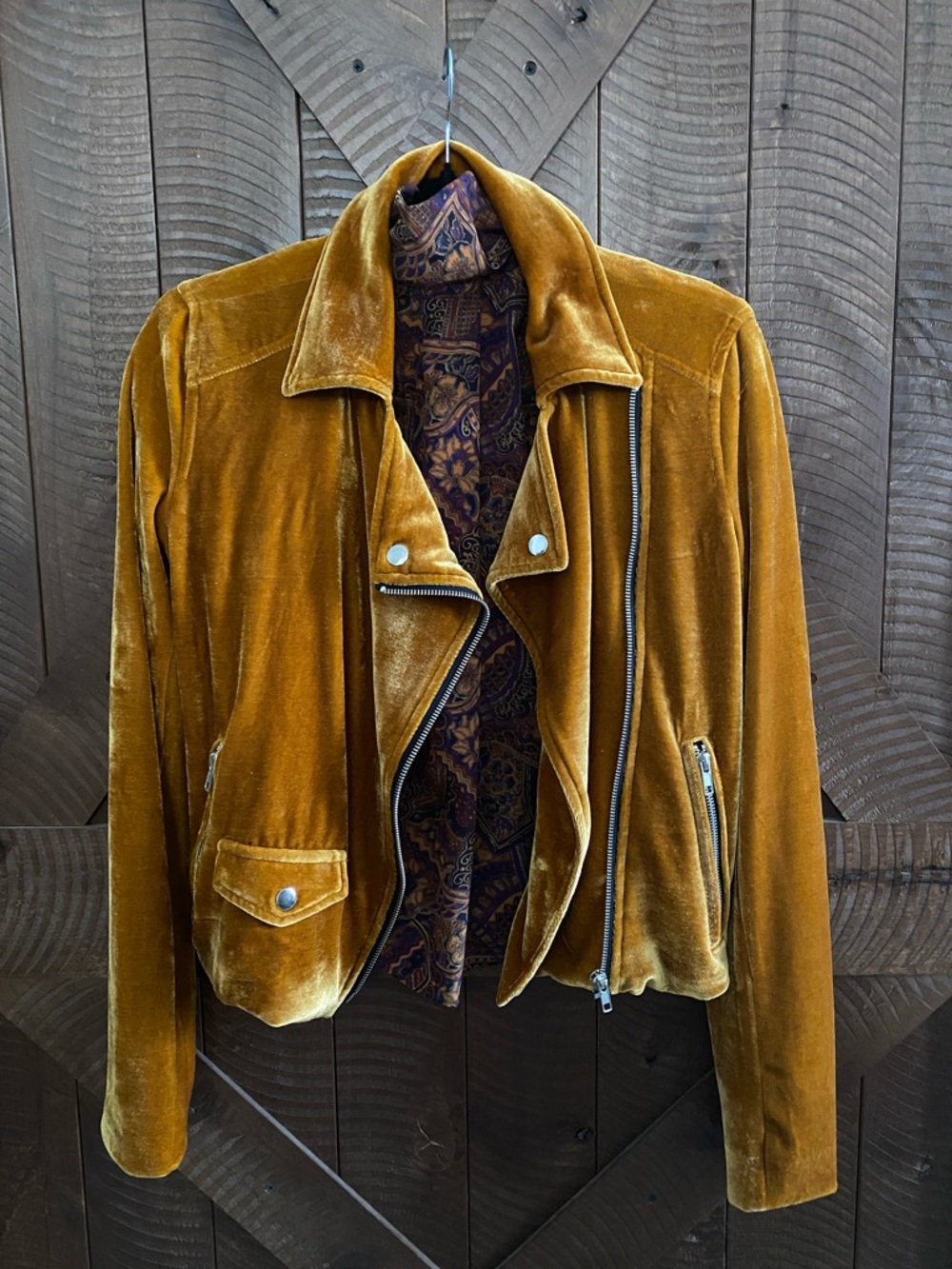 Forever 21 Crushed Velvet Mustard Moto Jacket Large